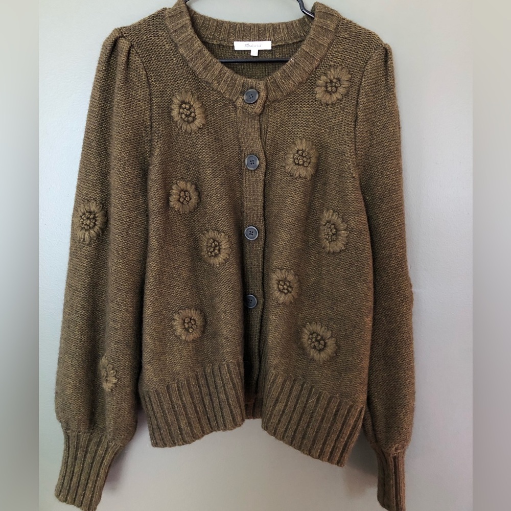 Madewell Edencroft Embroidered Pleated Sleeve Cardigan Sweater